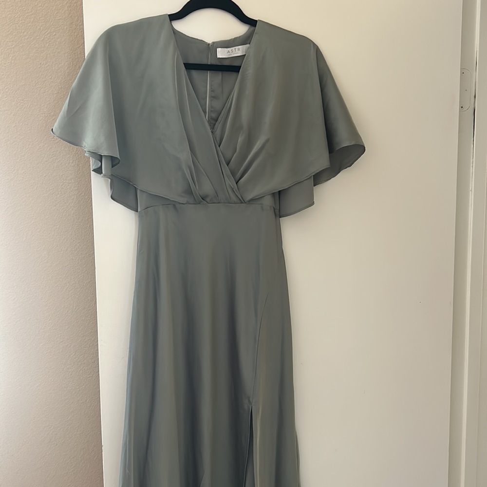 Dusty Sage Satin Flutter Sleeve MIDI Dress